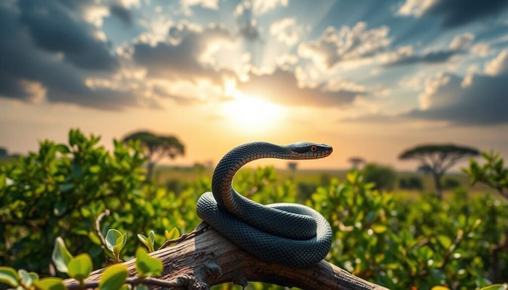 Un mamba noir élégant et brillant enroulé gracieusement sur une branche ensoleillée dans une savane africaine, entouré d'un feuillage vert vibrant, avec un ciel dramatique au-dessus, mettant en valeur les écailles frappantes du serpent et sa posture alerte.