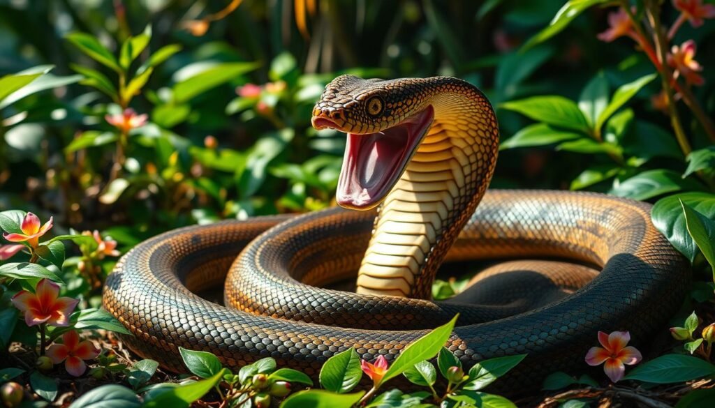 Un majestueux cobra royal enroulé élégamment sur le sol d'une jungle luxuriante, ses écailles brillantes scintillant sous la lumière tachetée du soleil, avec une capuche frappante déployée, présentant des motifs complexes et des couleurs vibrantes, entouré de feuillage tropical vif et de fleurs délicates, évoquant un sentiment de beauté et de danger.