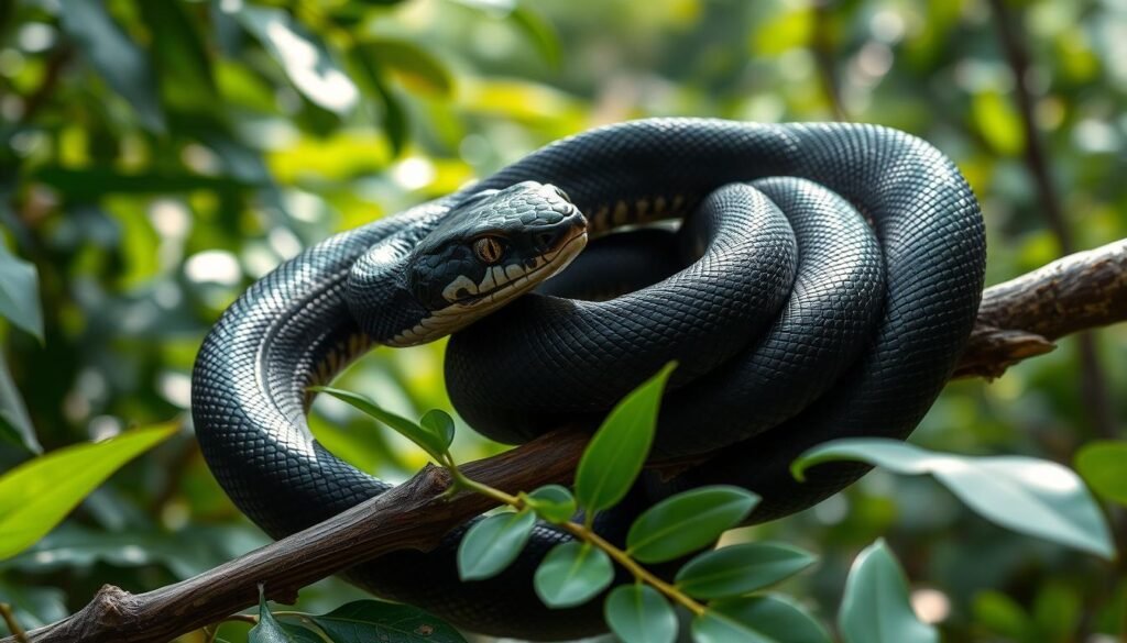 Une vue rapprochée très détaillée d'un mamba noir enroulé gracieusement sur une branche dans un décor de jungle luxuriante et verte, mettant en valeur ses écailles brillantes et ses traits frappants, avec la lumière du soleil tachetée filtrant à travers le feuillage, soulignant sa forme épurée et élégante.