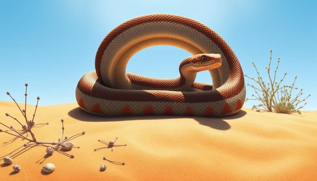 Une illustration très détaillée d'un serpent Taipan du désert enroulé élégamment sur du sable cuit au soleil, ses écailles brillantes reflétant la lumière, entouré d'une végétation désertique clairsemée, avec un ciel bleu clair en arrière-plan, capturant l'essence de son habitat naturel.