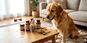 Un chien devant des compléments alimentaires