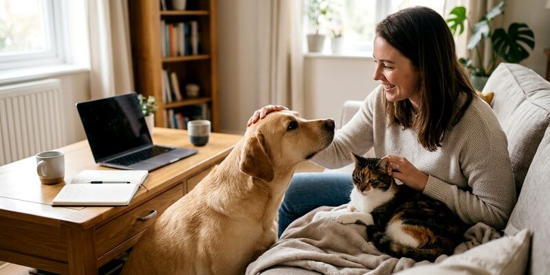 Jeune femme avec son chien et chat